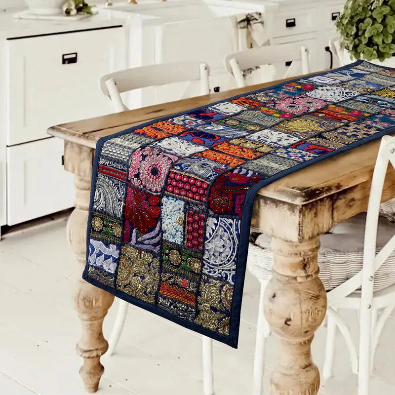 Elegant and Timeless: Beautiful Indian Embroidery Blue Patchwork Cotton Table Runner