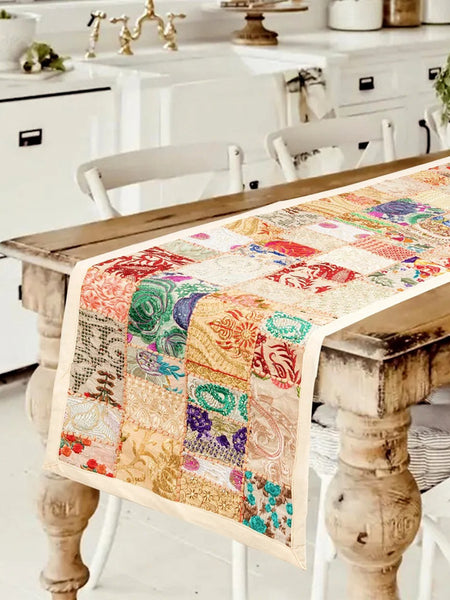 Indian Handmade Beige Khambadiya Patchwork Cotton Runner - 1