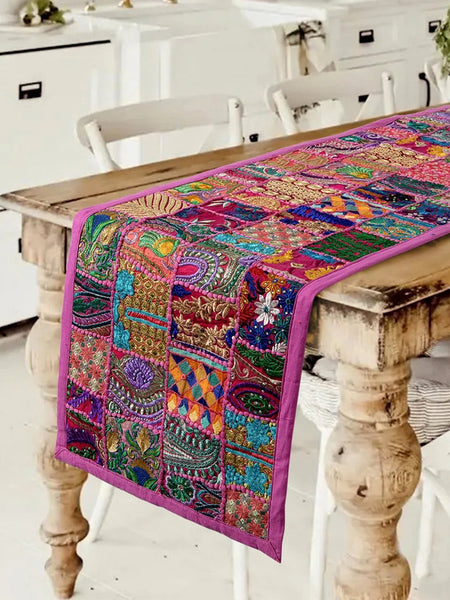 Beautiful Pink Patchwork Embroidered Table Runner