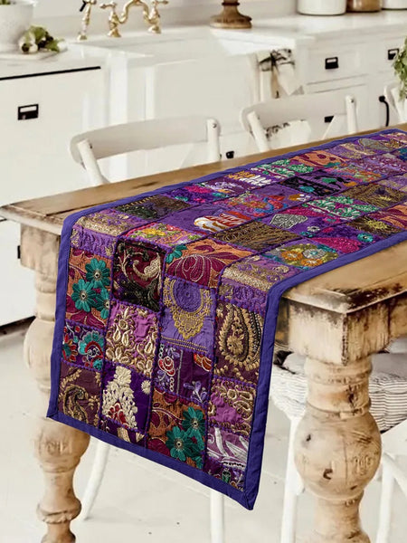 Purple Embroidery Patchwork Cotton Table Runner