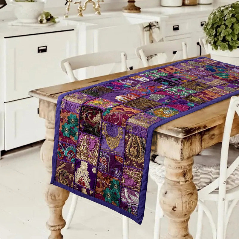 Purple Embroidery Patchwork Cotton Table Runner