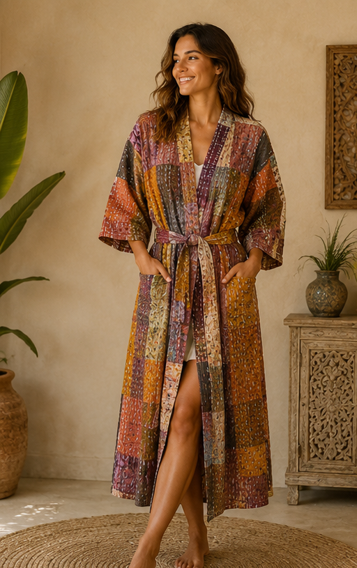 Vintage Kantha Kimono Brown Robe — Handmade Cotton Dressing Gown