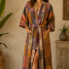 Vintage Kantha Kimono Brown Robe — Handmade Cotton Dressing Gown