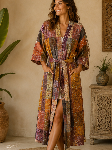 Vintage Kantha Kimono Brown Robe — Handmade Cotton Dressing Gown