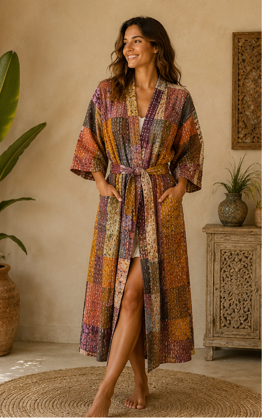 Vintage Kantha Kimono Brown Robe — Handmade Cotton Dressing Gown