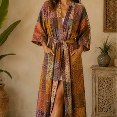 Vintage Kantha Kimono Brown Robe — Handmade Cotton Dressing Gown