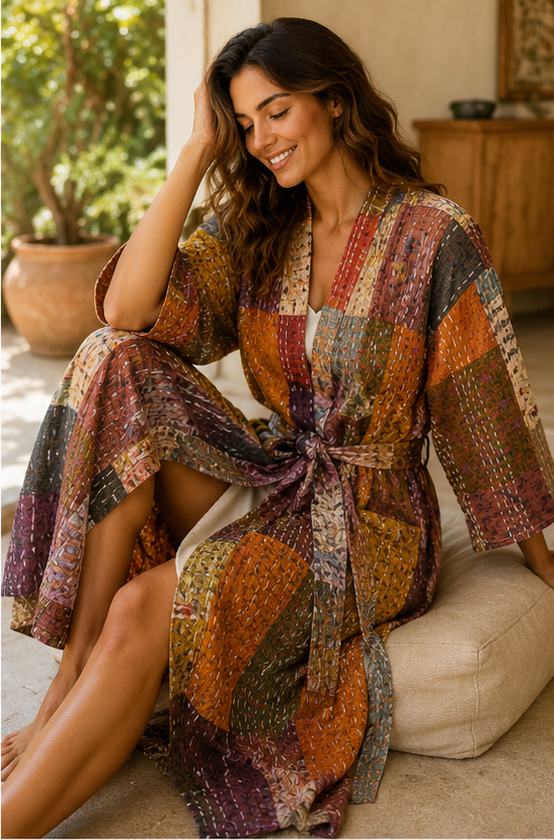 Vintage Kantha Kimono Brown Robe — Handmade Cotton Dressing Gown