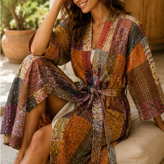 Vintage Kantha Kimono Brown Robe — Handmade Cotton Dressing Gown