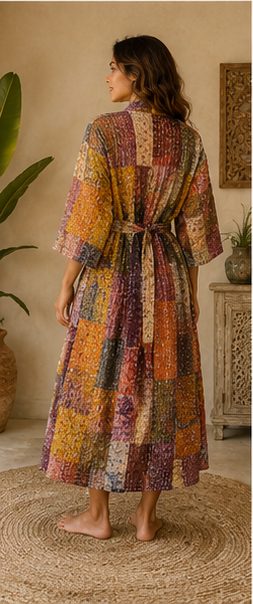 Vintage Kantha Kimono Brown Robe — Handmade Cotton Dressing Gown