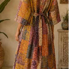 Vintage Kantha Kimono Brown Robe — Handmade Cotton Dressing Gown