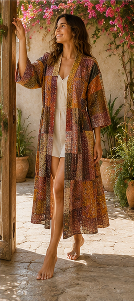 Vintage Kantha Kimono Brown Robe — Handmade Cotton Dressing Gown