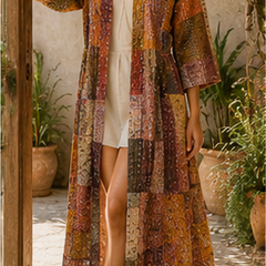 Vintage Kantha Kimono Brown Robe — Handmade Cotton Dressing Gown