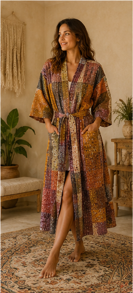 Vintage Kantha Kimono Brown Robe — Handmade Cotton Dressing Gown