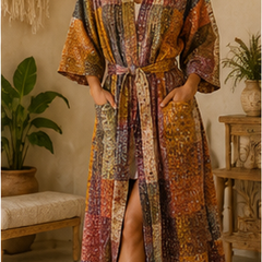 Vintage Kantha Kimono Brown Robe — Handmade Cotton Dressing Gown