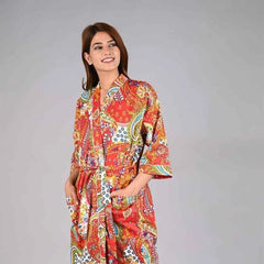orange Floral Print Cotton Kimono Robe Pure Cotton Dressing Gown for Women