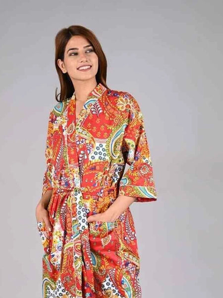 orange Floral Print Cotton Kimono Robe Pure Cotton Dressing Gown for Women