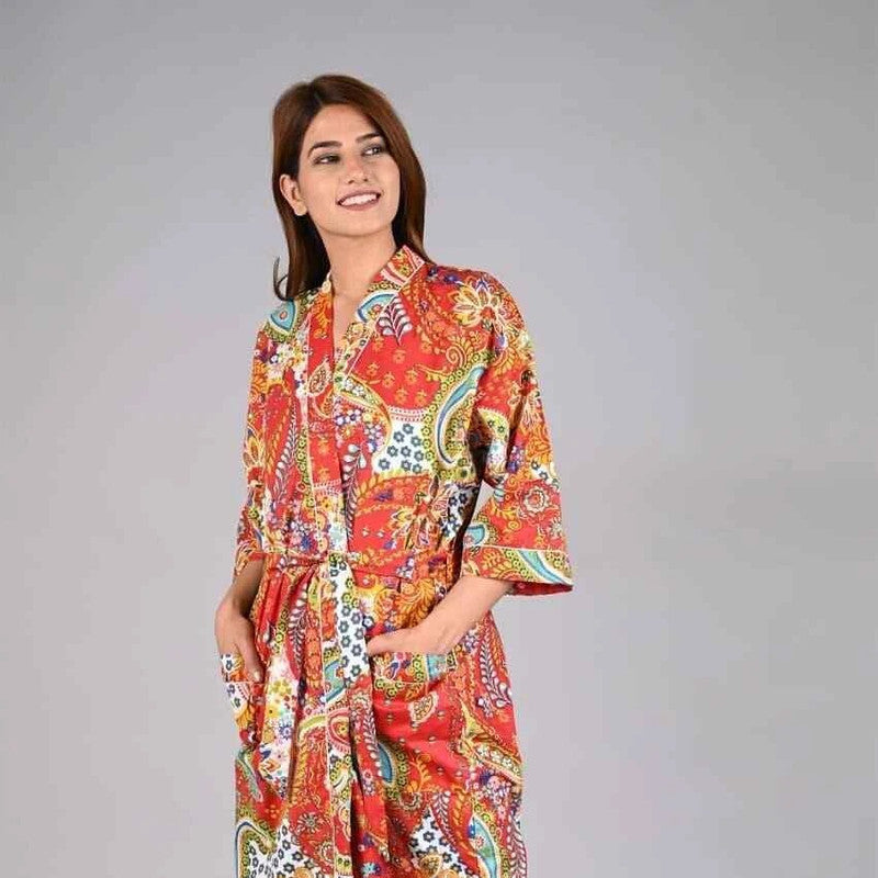 orange Floral Print Cotton Kimono Robe Pure Cotton Dressing Gown for Women