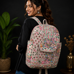 Sustainable Cotton Patchwork Tote Backpack – Handmade Beige Printed Jhola Bag - kraafty-com