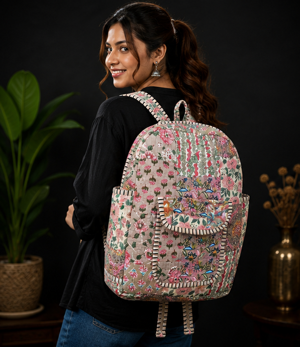 Sustainable Cotton Patchwork Tote Backpack – Handmade Beige Printed Jhola Bag - kraafty-com