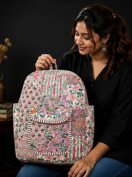 Sustainable Cotton Patchwork Tote Backpack – Handmade Beige Printed Jhola Bag - kraafty-com