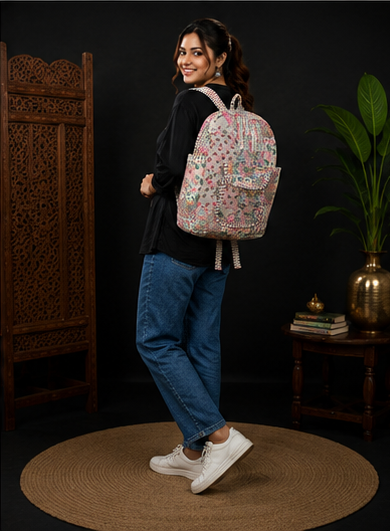 Sustainable Cotton Patchwork Tote Backpack – Handmade Beige Printed Jhola Bag - kraafty-com