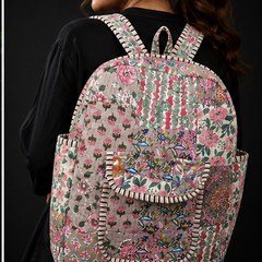 Sustainable Cotton Patchwork Tote Backpack – Handmade Beige Printed Jhola Bag - kraafty-com