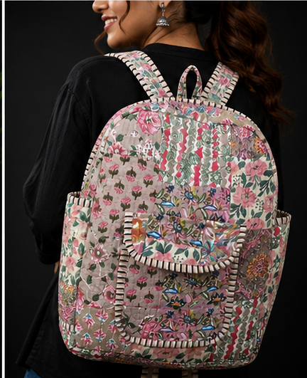 Sustainable Cotton Patchwork Tote Backpack – Handmade Beige Printed Jhola Bag - kraafty-com