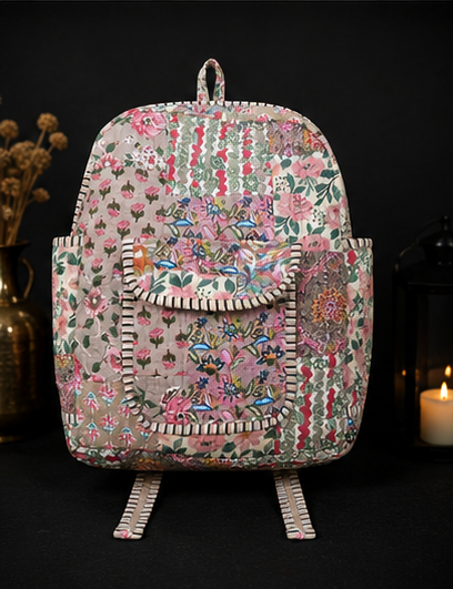 Sustainable Cotton Patchwork Tote Backpack – Handmade Beige Printed Jhola Bag - kraafty-com