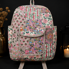 Sustainable Cotton Patchwork Tote Backpack – Handmade Beige Printed Jhola Bag - kraafty-com