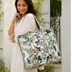 Indian Handmade Cotton Tote Bag with Zip Closure, Quilted Design - kraafty-com