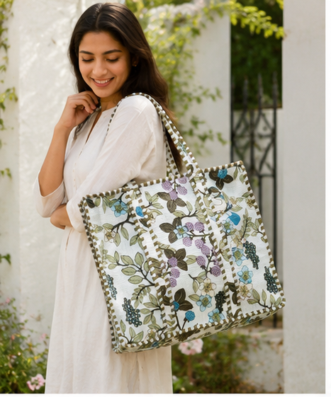 Indian Handmade Cotton Tote Bag with Zip Closure, Quilted Design - kraafty-com