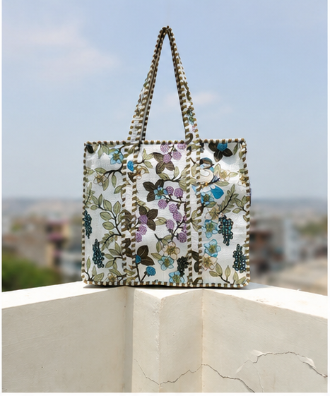 Indian Handmade Cotton Tote Bag with Zip Closure, Quilted Design - kraafty-com