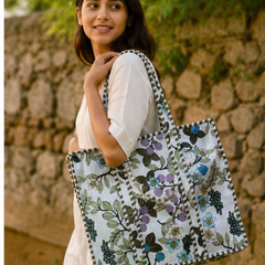 Indian Handmade Cotton Tote Bag with Zip Closure, Quilted Design - kraafty-com