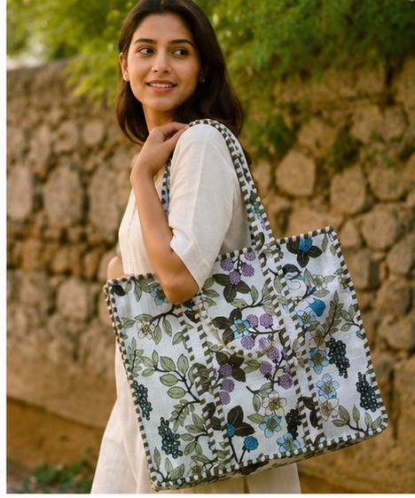 Indian Handmade Cotton Tote Bag with Zip Closure, Quilted Design - kraafty-com