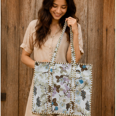 Indian Handmade Cotton Tote Bag with Zip Closure, Quilted Design - kraafty-com