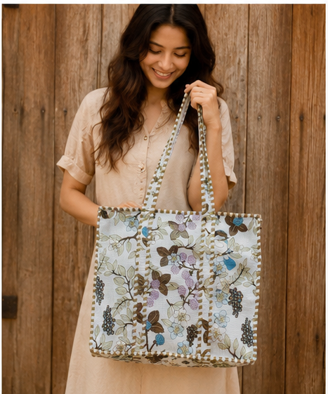 Indian Handmade Cotton Tote Bag with Zip Closure, Quilted Design - kraafty-com
