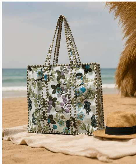 Indian Handmade Cotton Tote Bag with Zip Closure, Quilted Design - kraafty-com