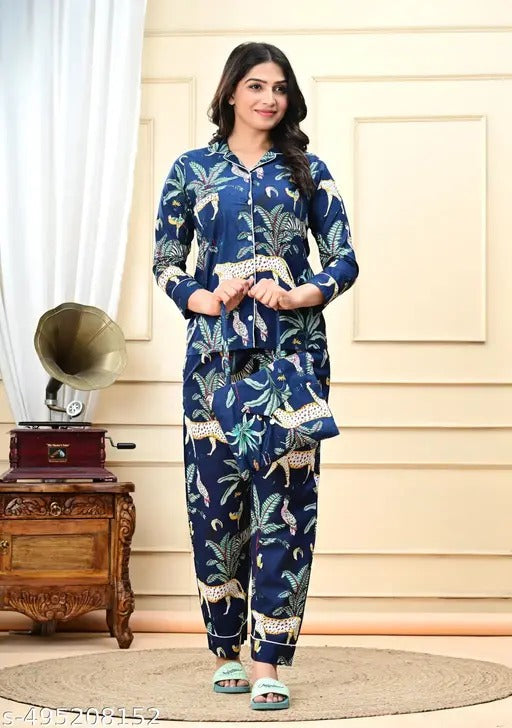Blue tiger print Cotton Pajama Set - Soft Indian Nightwear | Pure Cotton PJ's & Bridesmaid Gift for Her