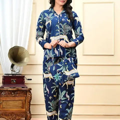Blue tiger print Cotton Pajama Set - Soft Indian Nightwear | Pure Cotton PJ's & Bridesmaid Gift for Her