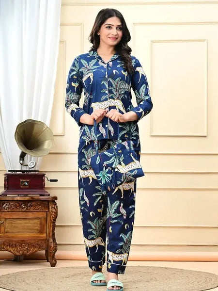 Blue tiger print Cotton Pajama Set - Soft Indian Nightwear | Pure Cotton PJ's & Bridesmaid Gift for Her