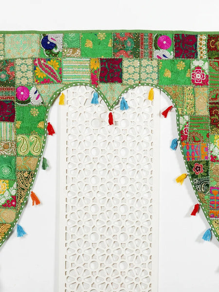 Traditional Vintage Patchwork Toran - Red Boho Door Hanging, Bandhanwar, Window Valance with Embroidery