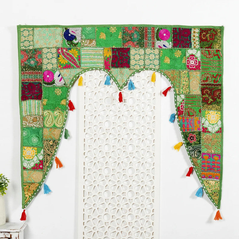 Traditional Vintage Patchwork Toran - Red Boho Door Hanging, Bandhanwar, Window Valance with Embroidery - kraafty-com