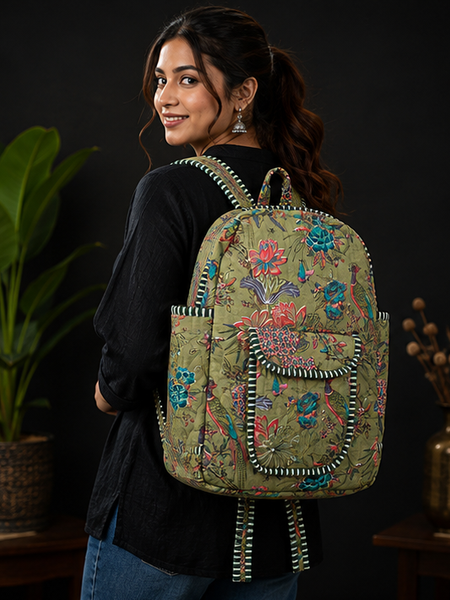 Women's Quilted Cotton Backpack | Handmade Green Printed Patchwork Shoulder Bag - kraafty-com