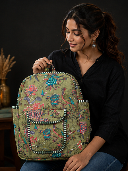 Women's Quilted Cotton Backpack | Handmade Green Printed Patchwork Shoulder Bag - kraafty-com