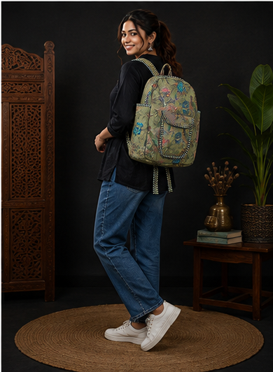 Women's Quilted Cotton Backpack | Handmade Green Printed Patchwork Shoulder Bag - kraafty-com