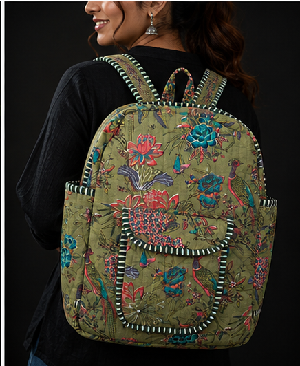 Women's Quilted Cotton Backpack | Handmade Green Printed Patchwork Shoulder Bag - kraafty-com
