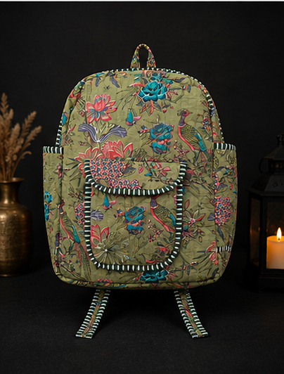 Women's Quilted Cotton Backpack | Handmade Green Printed Patchwork Shoulder Bag - kraafty-com