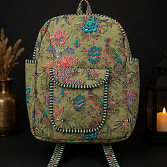 Women's Quilted Cotton Backpack | Handmade Green Printed Patchwork Shoulder Bag - kraafty-com