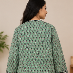 Cotton Kantha Green Jacket for Women | Handmade Quilted Coat - kraafty-com