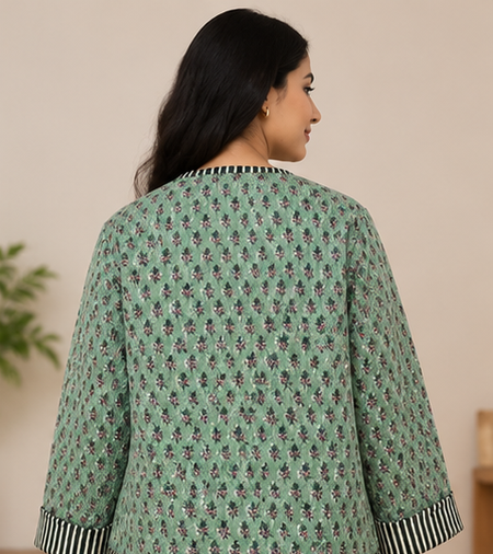 Cotton Kantha Green Jacket for Women | Handmade Quilted Coat - kraafty-com
